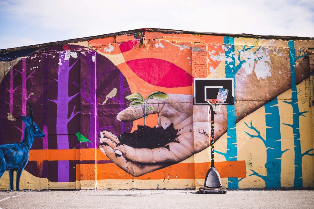 mural with basketball hoop